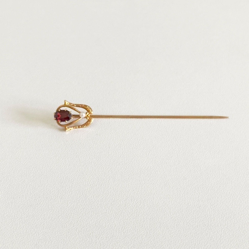 Antique 14k Yellow Gold Garnet Seed Pearl Stick Pin - Picture 3 of 13